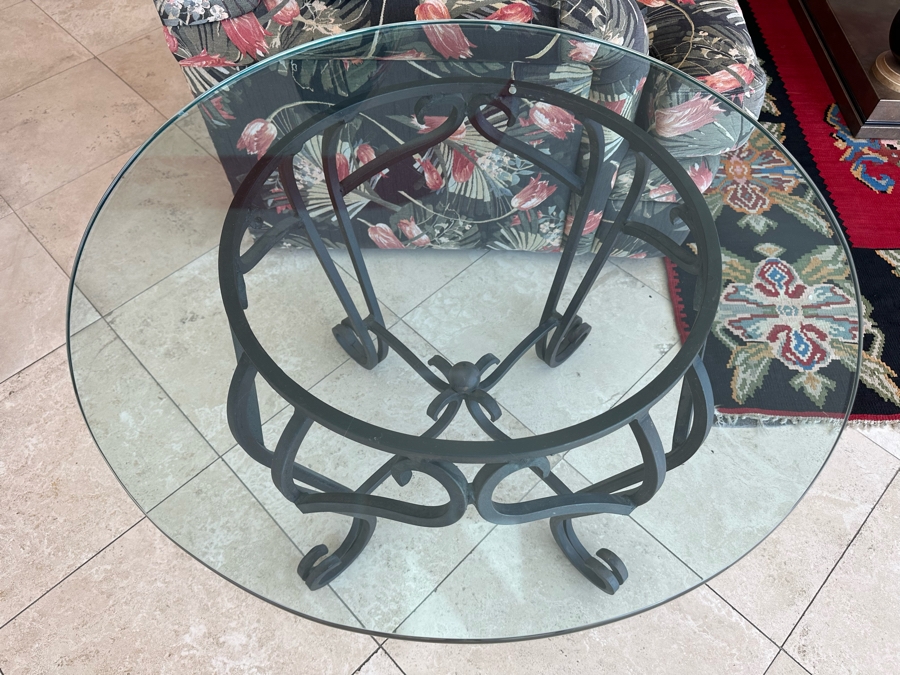 Glass Top Wrought Iron Base Side Table 33R X 24.5H [Photo 3]