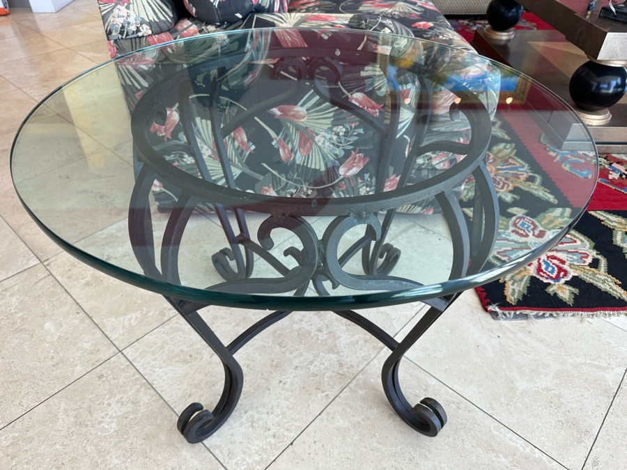 Glass Top Wrought Iron Base Side Table 33R X 24.5H [Photo 4]