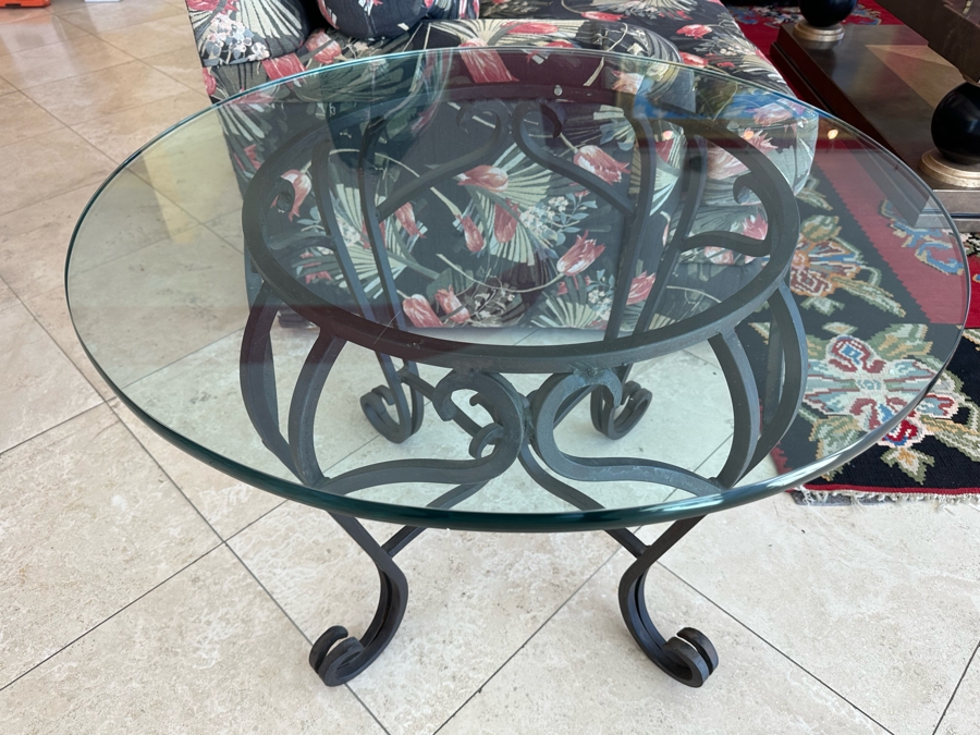 Glass Top Wrought Iron Base Side Table 33R X 24.5H [Photo 2]