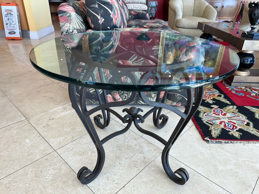 Glass Top Wrought Iron Base Side Table 33R X 24.5H