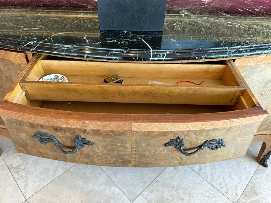 Antique Serpentine Front Burled Walnut Buffet Sideboard Cabinet With Marble Top 83W X 26D X 38H [Photo 15]