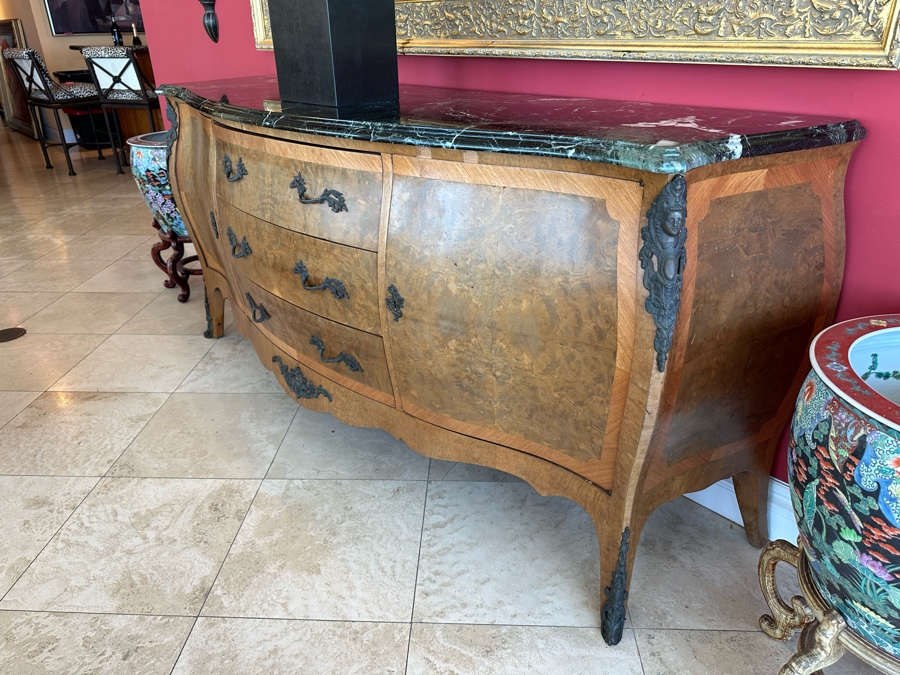 Antique Serpentine Front Burled Walnut Buffet Sideboard Cabinet With Marble Top 83W X 26D X 38H [Photo 10]