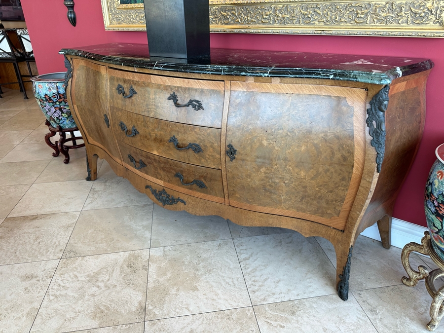 Antique Serpentine Front Burled Walnut Buffet Sideboard Cabinet With Marble Top 83W X 26D X 38H [Photo 11]