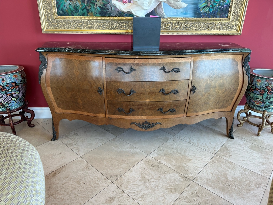 Antique Serpentine Front Burled Walnut Buffet Sideboard Cabinet With Marble Top 83W X 26D X 38H [Photo 3]