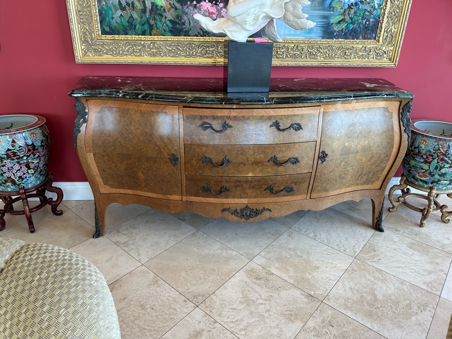 Antique Serpentine Front Burled Walnut Buffet Sideboard Cabinet With Marble Top 83W X 26D X 38H [Photo 2]