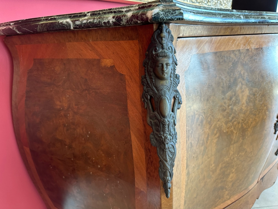 Antique Serpentine Front Burled Walnut Buffet Sideboard Cabinet With Marble Top 83W X 26D X 38H [Photo 5]