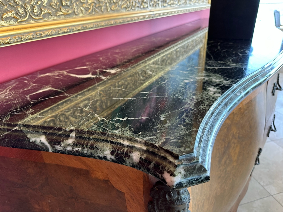 Antique Serpentine Front Burled Walnut Buffet Sideboard Cabinet With Marble Top 83W X 26D X 38H [Photo 7]