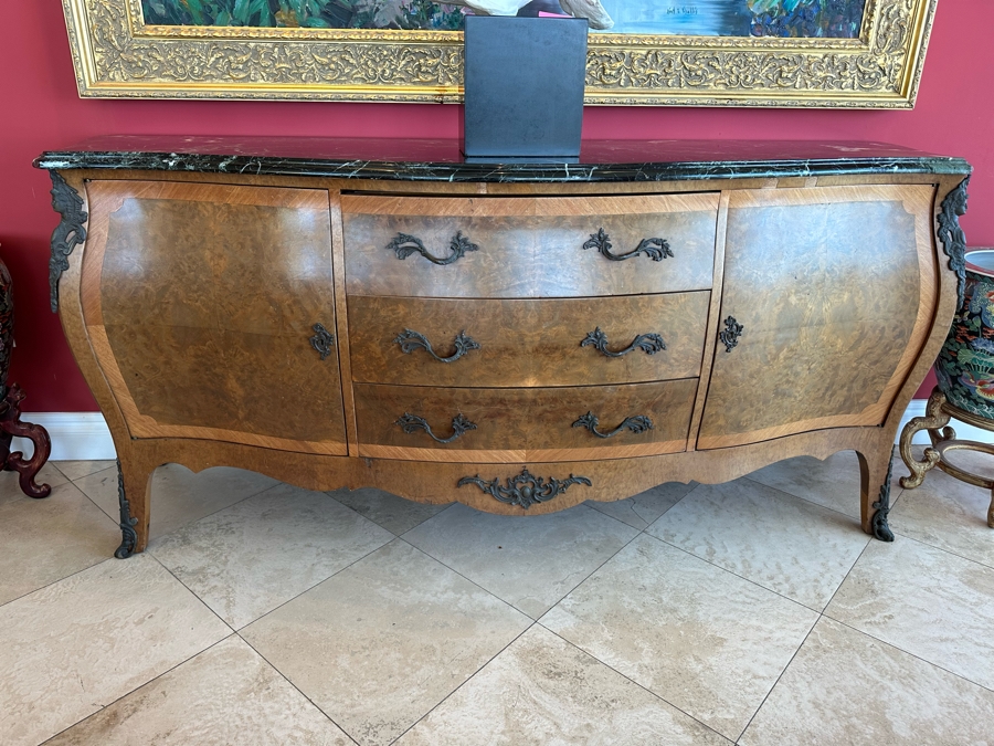 Antique Serpentine Front Burled Walnut Buffet Sideboard Cabinet With Marble Top 83W X 26D X 38H