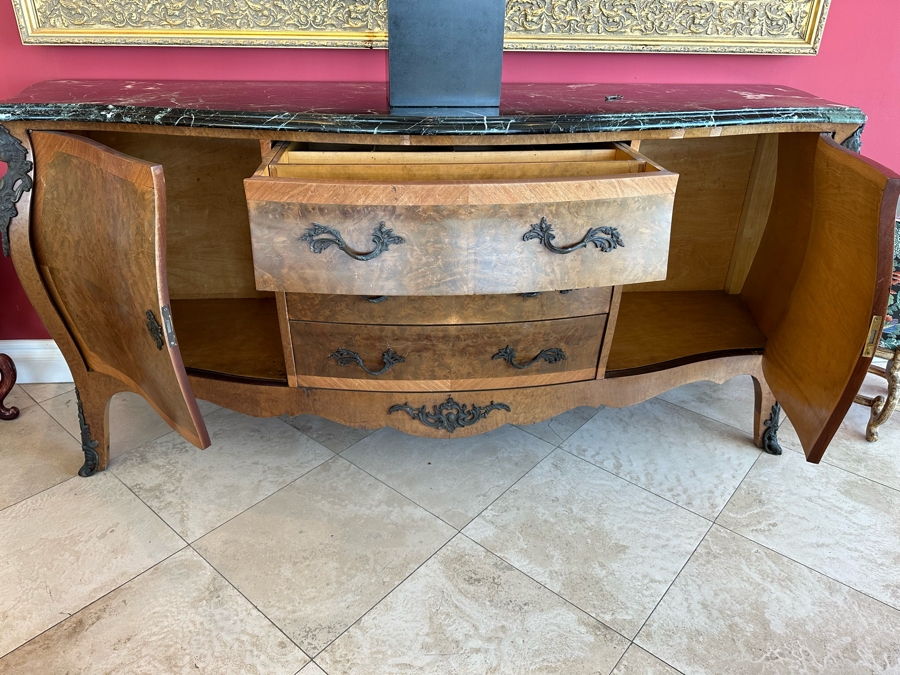 Antique Serpentine Front Burled Walnut Buffet Sideboard Cabinet With Marble Top 83W X 26D X 38H [Photo 17]