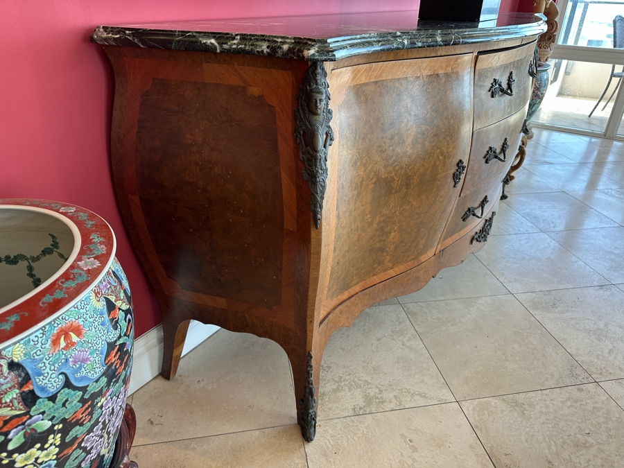 Antique Serpentine Front Burled Walnut Buffet Sideboard Cabinet With Marble Top 83W X 26D X 38H [Photo 8]