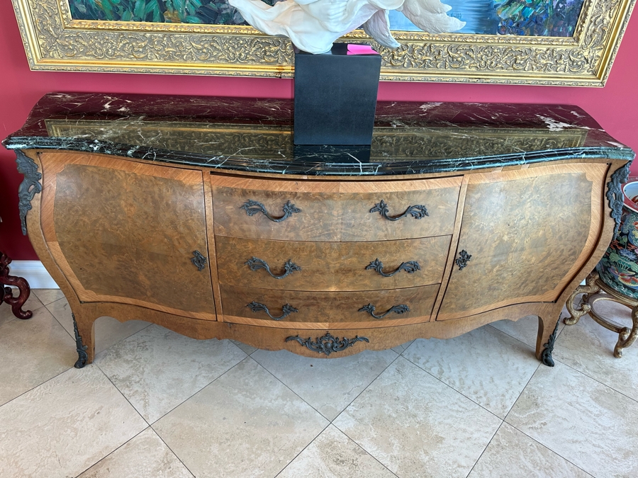 Antique Serpentine Front Burled Walnut Buffet Sideboard Cabinet With Marble Top 83W X 26D X 38H [Photo 4]