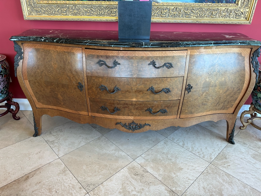 Antique Serpentine Front Burled Walnut Buffet Sideboard Cabinet With Marble Top 83W X 26D X 38H [Photo 12]