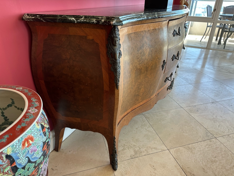 Antique Serpentine Front Burled Walnut Buffet Sideboard Cabinet With Marble Top 83W X 26D X 38H [Photo 9]