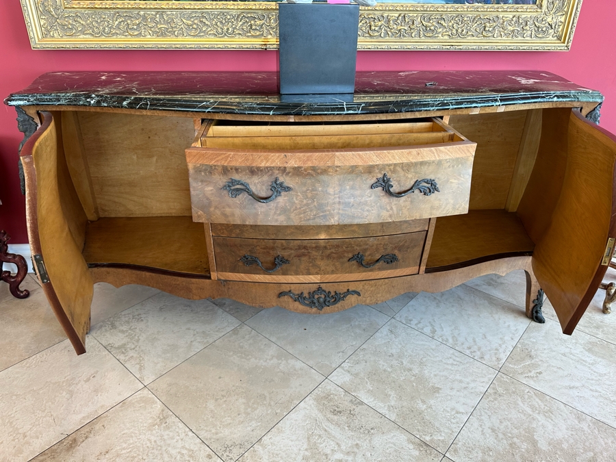 Antique Serpentine Front Burled Walnut Buffet Sideboard Cabinet With Marble Top 83W X 26D X 38H [Photo 16]