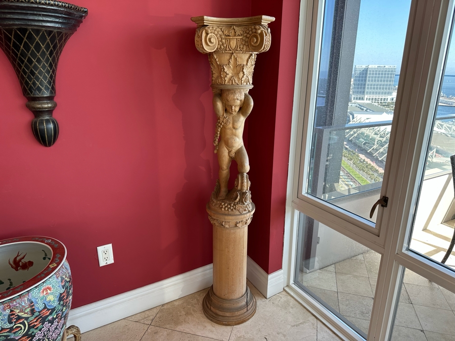 Impressive Vintage Hand Carved Wooden Sculptural Column Of Boy With Grapes [Photo 2]