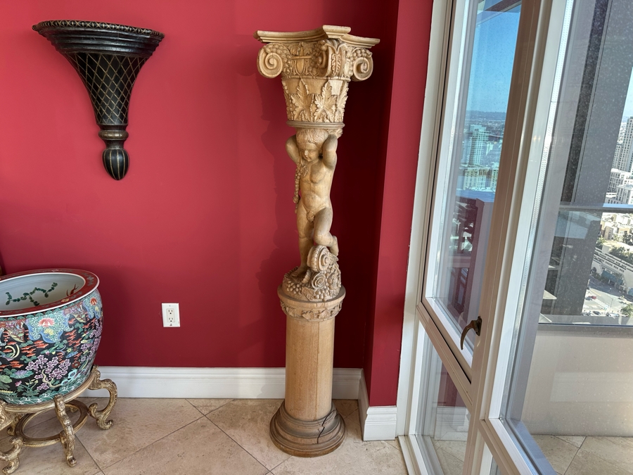 Impressive Vintage Hand Carved Wooden Sculptural Column Of Boy With Grapes [Photo 4]