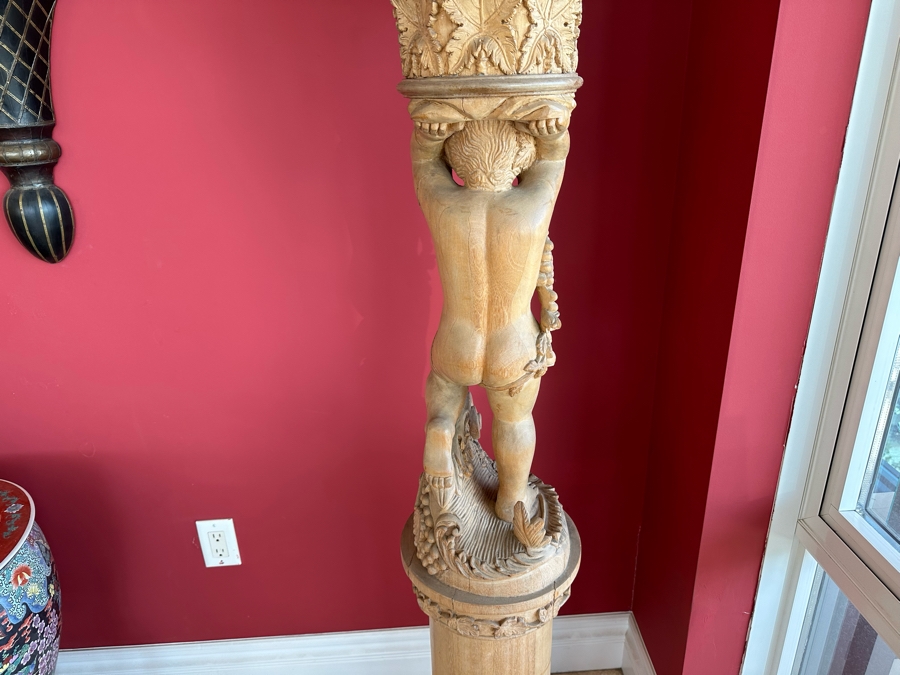 Impressive Vintage Hand Carved Wooden Sculptural Column Of Boy With Grapes [Photo 15]