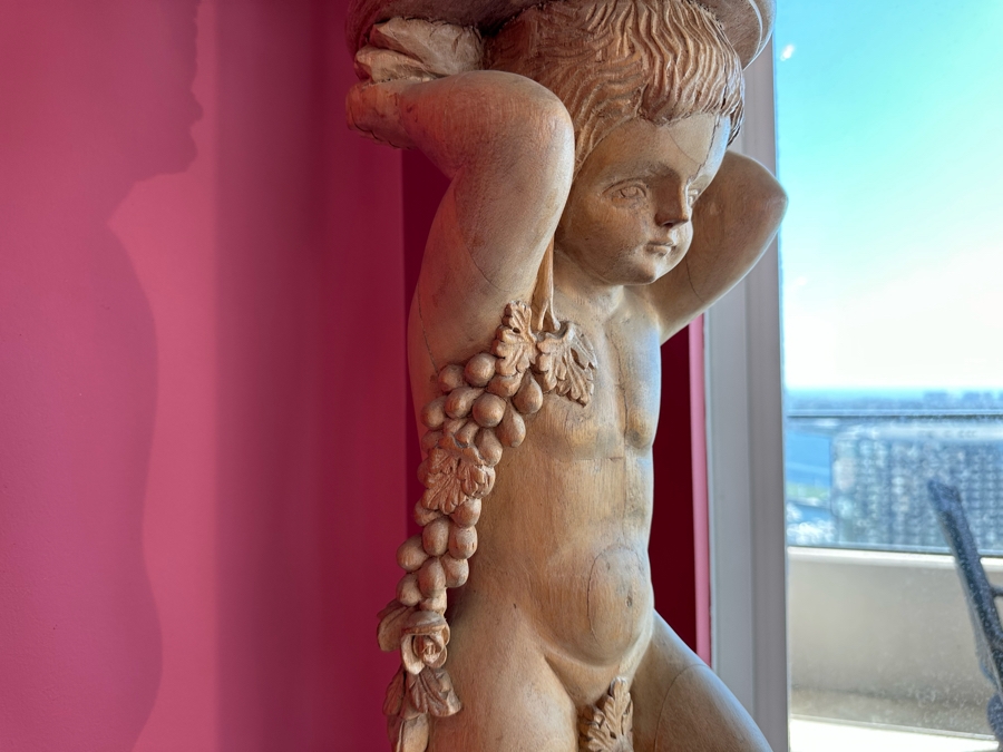 Impressive Vintage Hand Carved Wooden Sculptural Column Of Boy With Grapes [Photo 8]