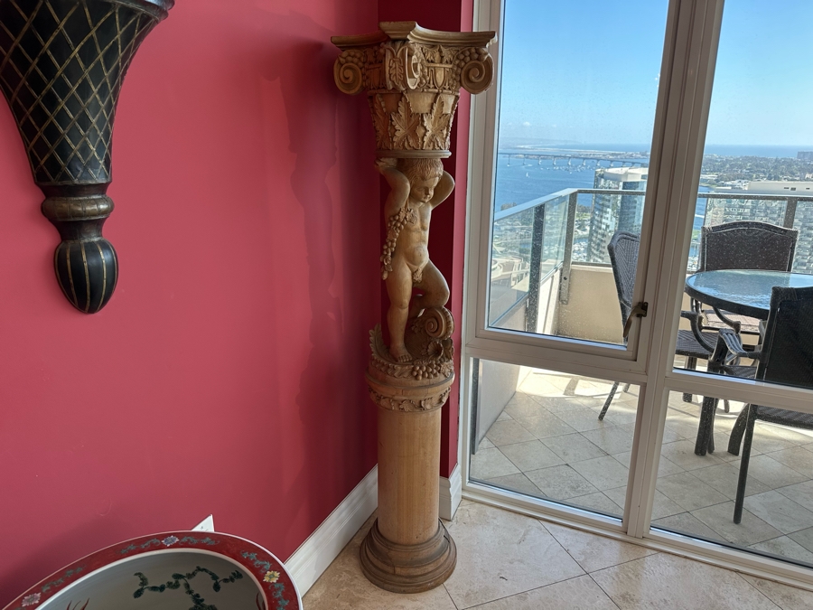 Impressive Vintage Hand Carved Wooden Sculptural Column Of Boy With Grapes [Photo 3]