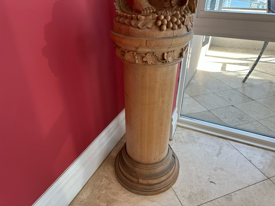 Impressive Vintage Hand Carved Wooden Sculptural Column Of Boy With Grapes [Photo 10]