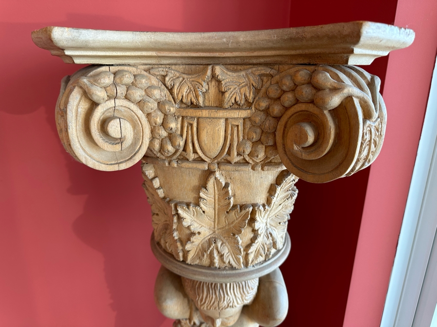 Impressive Vintage Hand Carved Wooden Sculptural Column Of Boy With Grapes [Photo 6]
