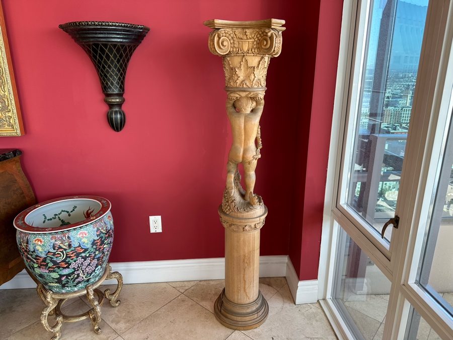 Impressive Vintage Hand Carved Wooden Sculptural Column Of Boy With Grapes [Photo 14]