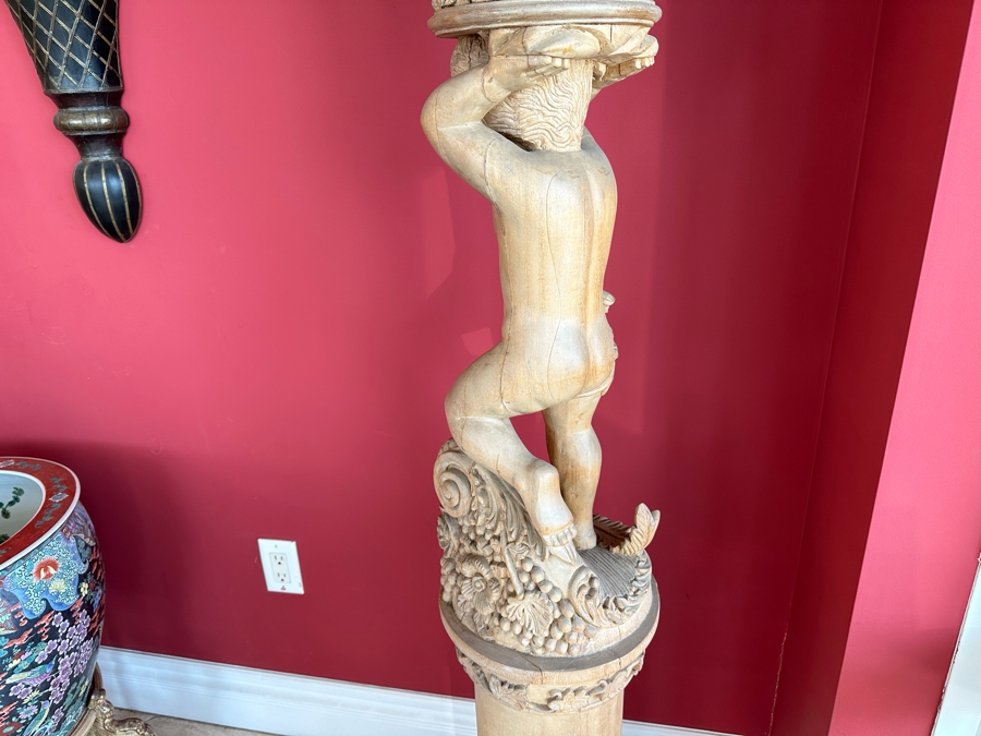Impressive Vintage Hand Carved Wooden Sculptural Column Of Boy With Grapes [Photo 13]