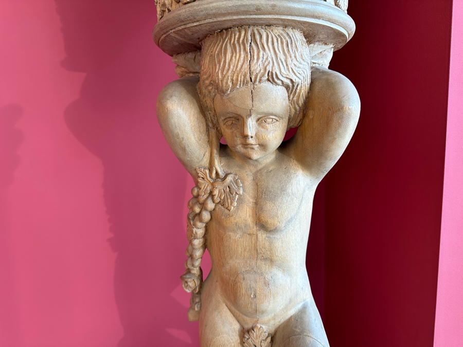 Impressive Vintage Hand Carved Wooden Sculptural Column Of Boy With Grapes [Photo 5]