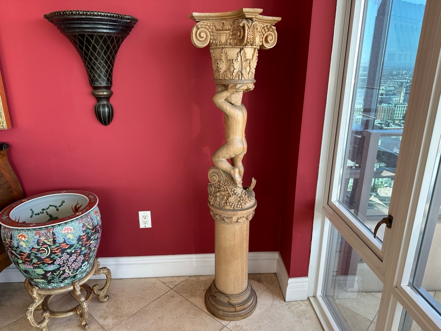 Impressive Vintage Hand Carved Wooden Sculptural Column Of Boy With Grapes [Photo 12]
