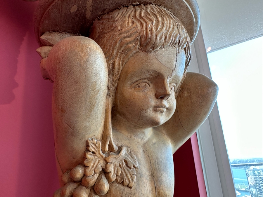 Impressive Vintage Hand Carved Wooden Sculptural Column Of Boy With Grapes [Photo 7]