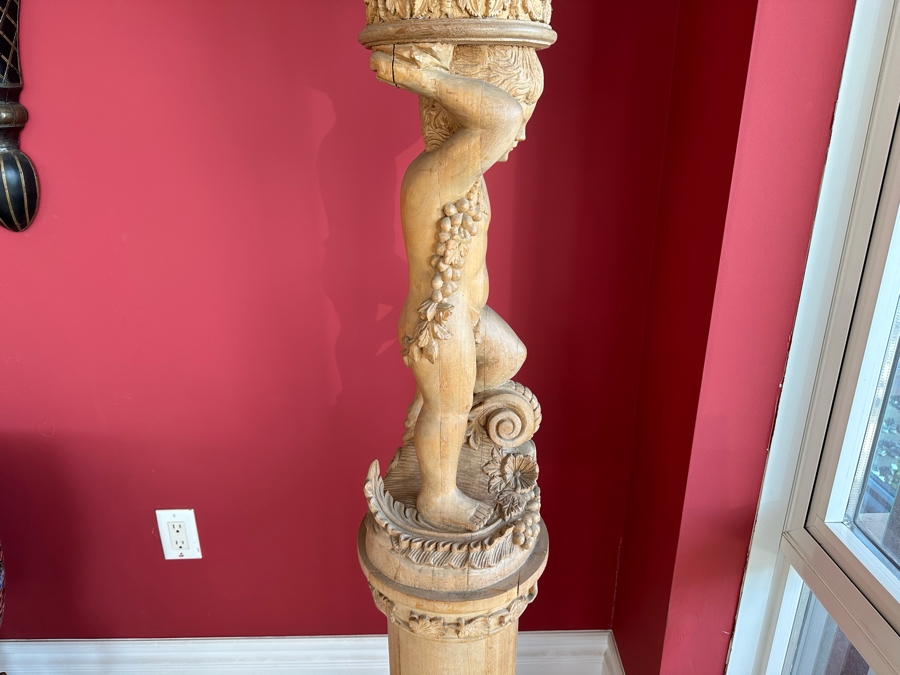 Impressive Vintage Hand Carved Wooden Sculptural Column Of Boy With Grapes [Photo 17]