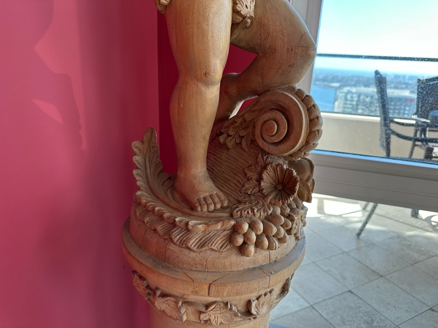 Impressive Vintage Hand Carved Wooden Sculptural Column Of Boy With Grapes [Photo 9]