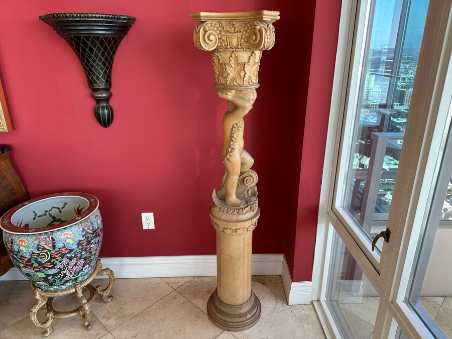 Impressive Vintage Hand Carved Wooden Sculptural Column Of Boy With Grapes [Photo 16]