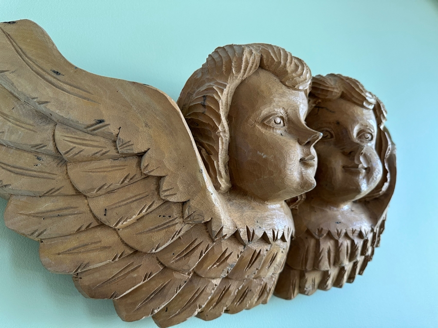 Vintage Hand Carved Figurative Sculpture Of Angels Cherubs Heads Wall Plaque 25W X 6D X 11H [Photo 9]
