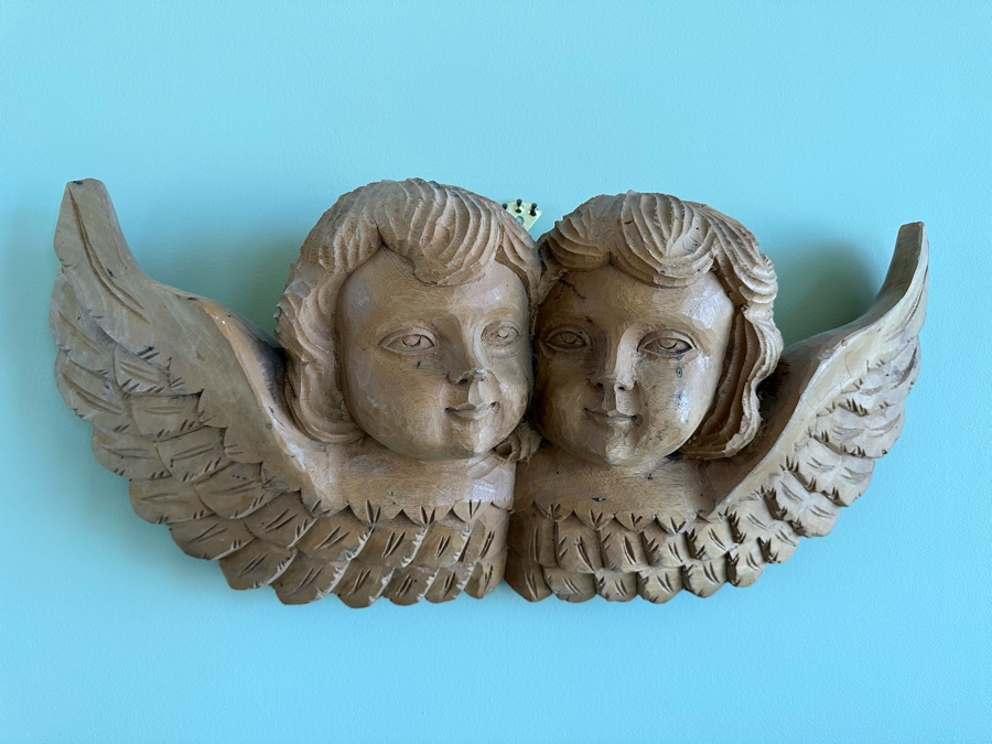Vintage Hand Carved Figurative Sculpture Of Angels Cherubs Heads Wall Plaque 25W X 6D X 11H [Photo 3]