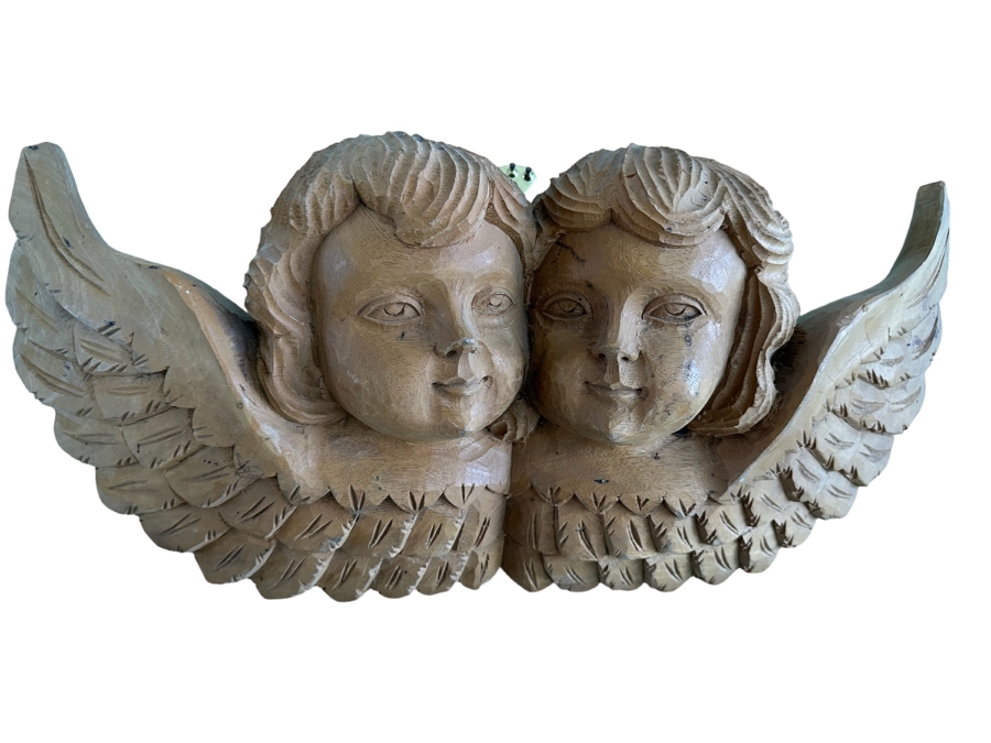 Vintage Hand Carved Figurative Sculpture Of Angels Cherubs Heads Wall Plaque 25W X 6D X 11H