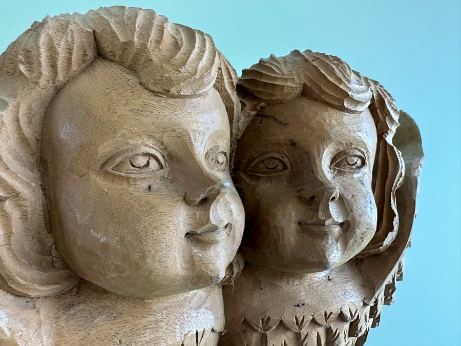 Vintage Hand Carved Figurative Sculpture Of Angels Cherubs Heads Wall Plaque 25W X 6D X 11H [Photo 7]