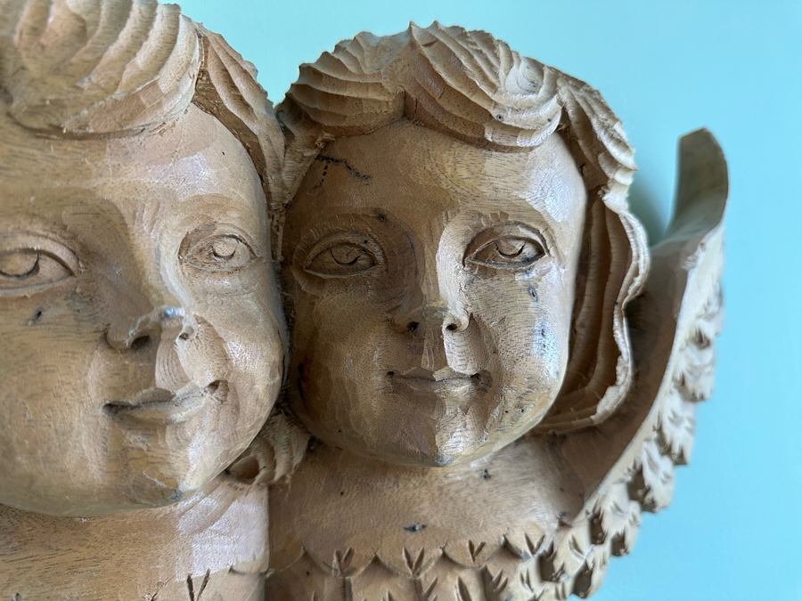 Vintage Hand Carved Figurative Sculpture Of Angels Cherubs Heads Wall Plaque 25W X 6D X 11H [Photo 6]