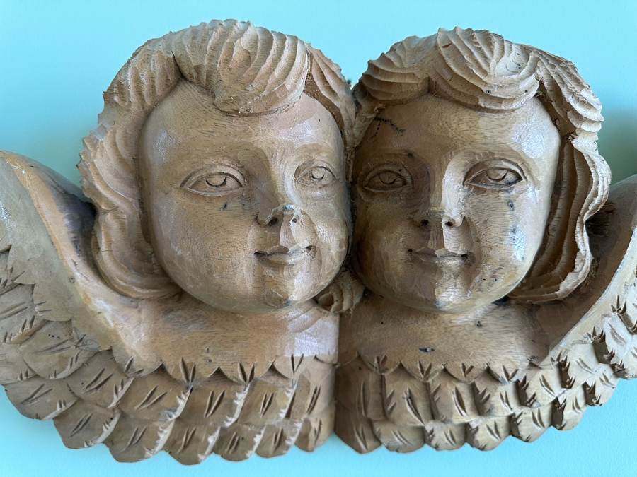Vintage Hand Carved Figurative Sculpture Of Angels Cherubs Heads Wall Plaque 25W X 6D X 11H [Photo 5]