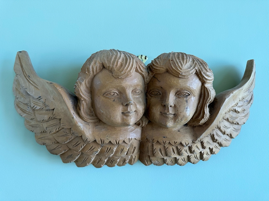 Vintage Hand Carved Figurative Sculpture Of Angels Cherubs Heads Wall Plaque 25W X 6D X 11H [Photo 4]