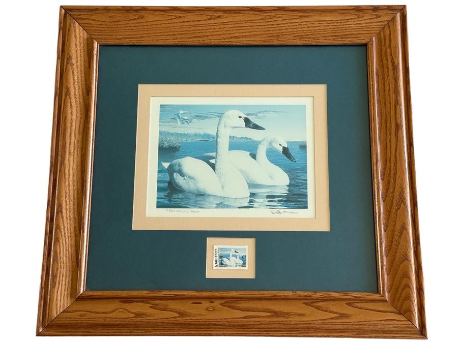 Hand Signed Robert Steiner Limited Edition Swan Print Artist Proof And 1991 Waterfowl Stamp Framed 21.5 X 20