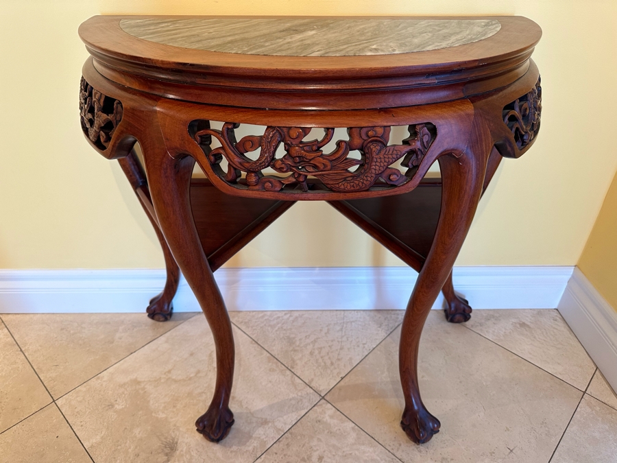 Chinese Carved Dragon Design Demilune Table With Marble Top And Triangular Bottom Shelves [Photo 2]