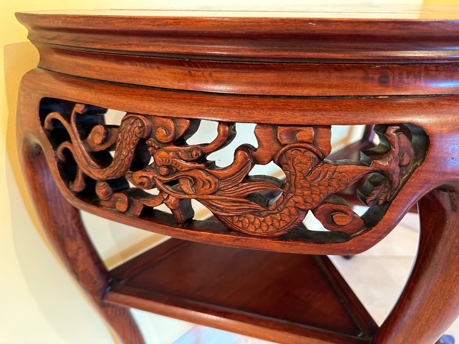 Chinese Carved Dragon Design Demilune Table With Marble Top And Triangular Bottom Shelves [Photo 4]