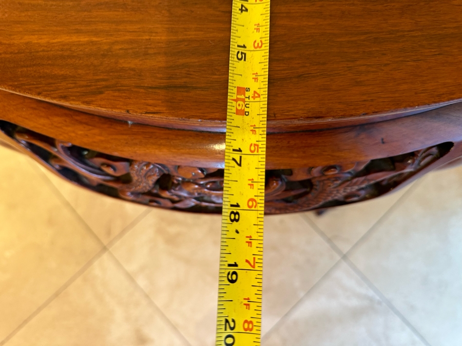 Chinese Carved Dragon Design Demilune Table With Marble Top And Triangular Bottom Shelves [Photo 11]