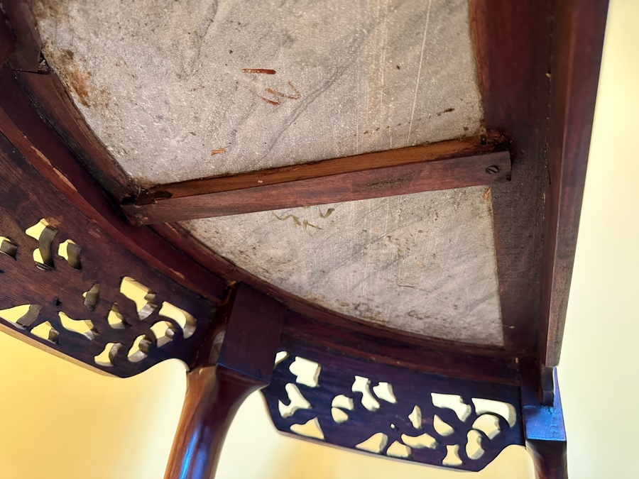 Chinese Carved Dragon Design Demilune Table With Marble Top And Triangular Bottom Shelves [Photo 8]