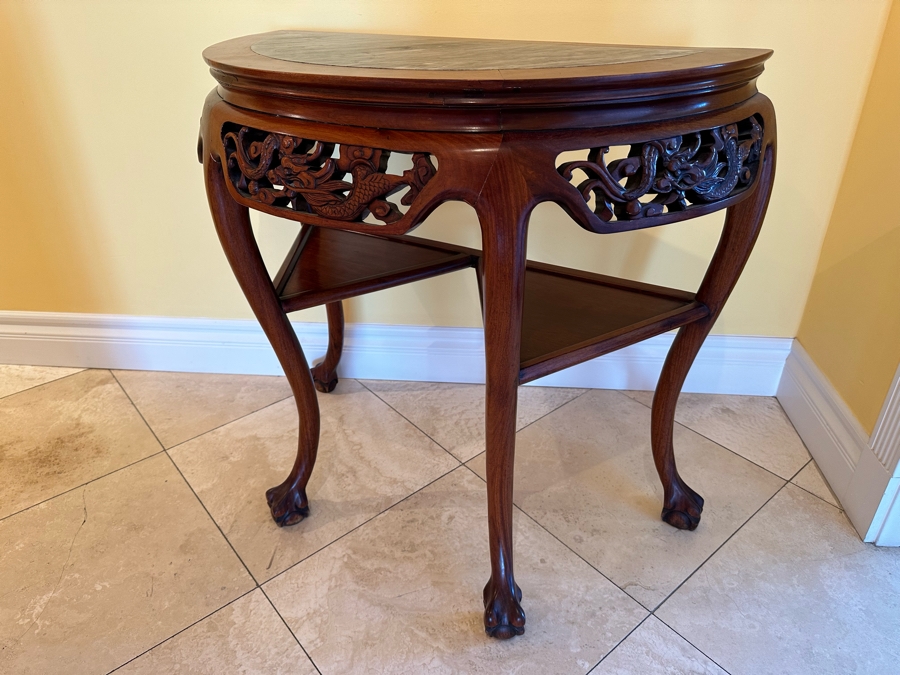 Chinese Carved Dragon Design Demilune Table With Marble Top And Triangular Bottom Shelves [Photo 7]