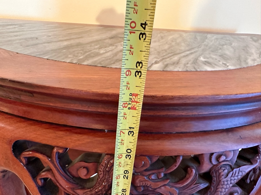 Chinese Carved Dragon Design Demilune Table With Marble Top And Triangular Bottom Shelves [Photo 12]