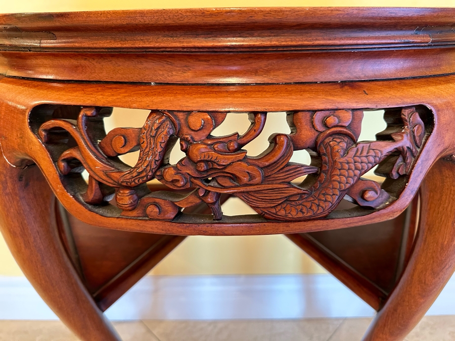 Chinese Carved Dragon Design Demilune Table With Marble Top And Triangular Bottom Shelves [Photo 3]
