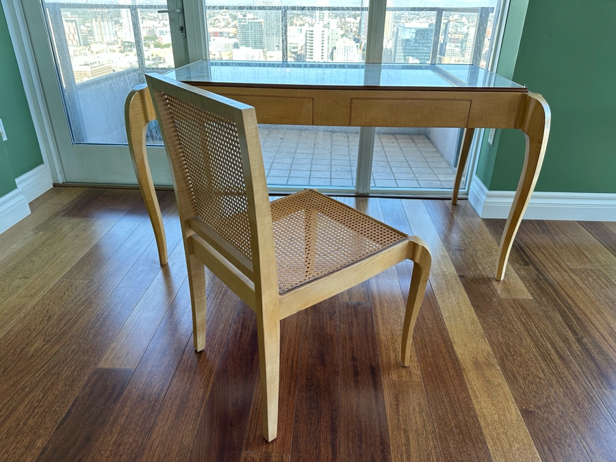 Elegant Designer Writing Table Desk With Cabriolet Legs, Inset Glass Top, Two Drawers And Matching Cane Chair 60W X 34D X 30.5H [Photo 3]