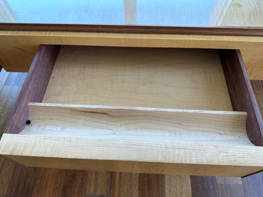 Elegant Designer Writing Table Desk With Cabriolet Legs, Inset Glass Top, Two Drawers And Matching Cane Chair 60W X 34D X 30.5H [Photo 17]